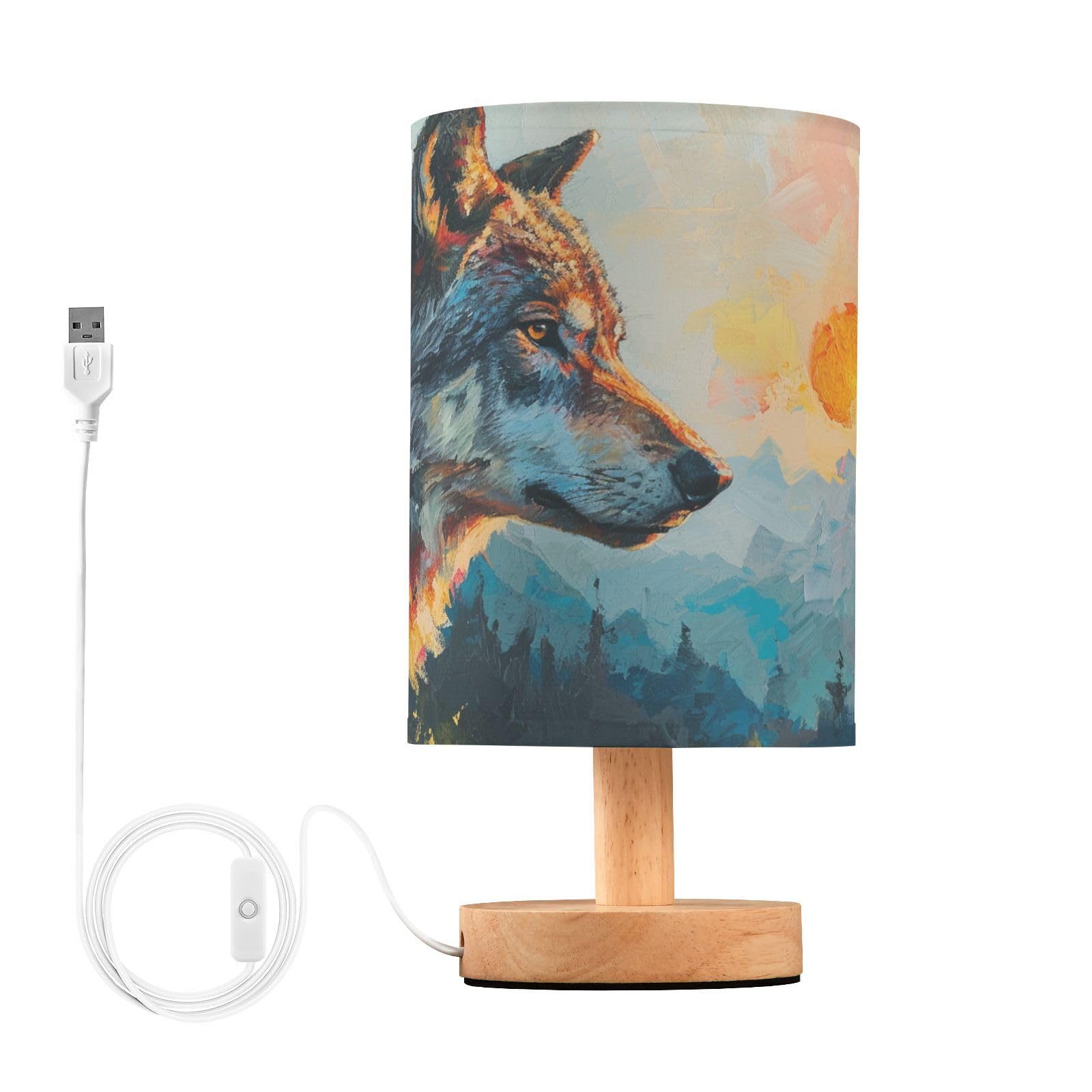 Mnsruu Bedside Table Lamps, Sunrise Mountain Wolf USB Table Lamp for Bedroom, LED Light Bedroom Bedside Table Décor Night Lamp Warm White