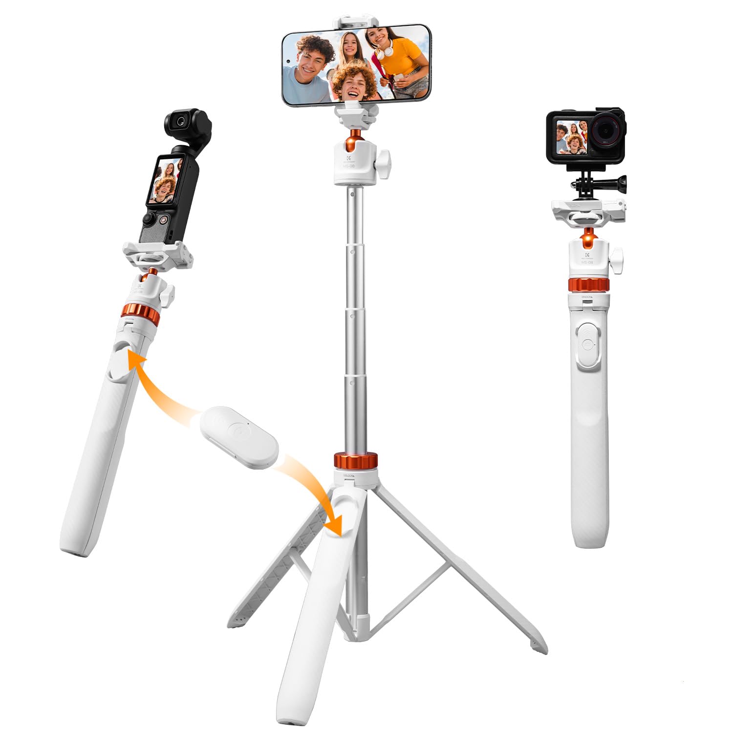 スマホ三脚K&F CONCEPT 自撮り棒 7段伸縮 159cm コールドシュー付き 卓上スタンド 360度回転 自由雲台 1/4ネジ穴 持ち運び便利 GoPro、DJI Osmo Action、DJI Pocket 3/ 4、Insta 360、DJI Action3/2、insta360 ONE X3/X2、ONE RS、ONE R、ONE Xに対応ホワイト