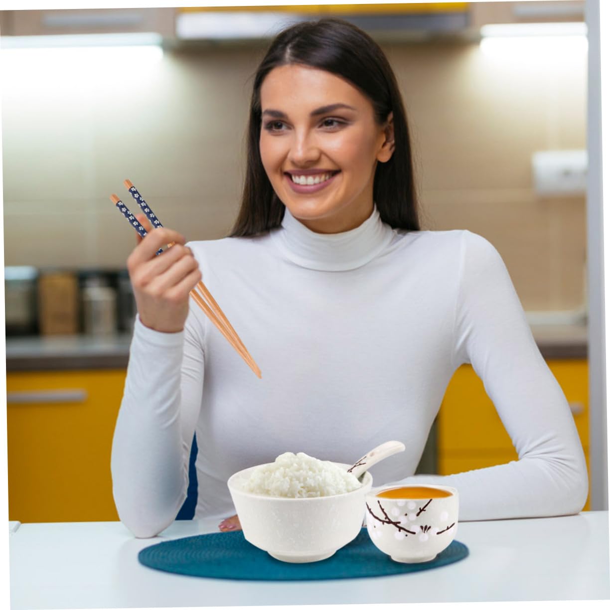 Cabilock Service de Table Japonerie en Céramique et Bois, 6 Pièces, Bol, Assiette, Tasse, Cuillère et Baguettes, Sûr et pour Repas Quotidiens
