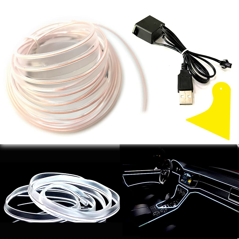 Balabaxer El Wire White Interior Car LED Strip Lights, 10M Neon Wire USB 5V with Fuse Protection for Automotive Car Interior Decoration with 6mm Sewing Edge…