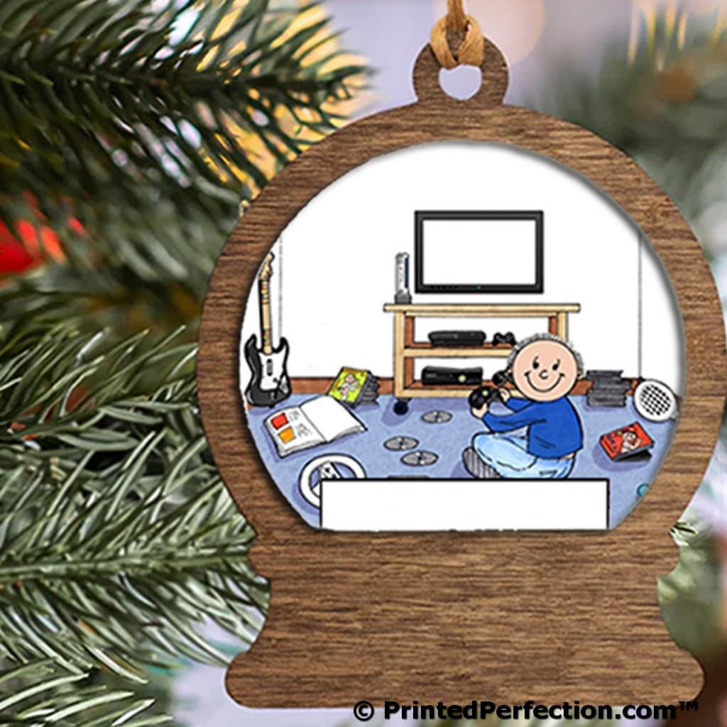 PrintedPerfection.com Personalized Video Gamer - Male Wooden Snow Globe Shaped Christmas Ornament