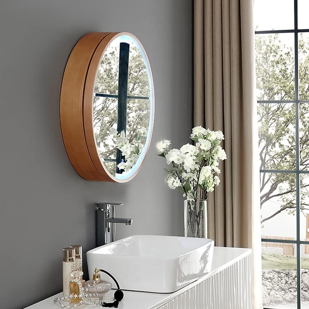 Round Wall-Mounted Bathroom Mirror Cabinet with LED Light, Wooden Storage Cabinet with Sliding Door, 50-70cm(23.6" L x 23.6" W)