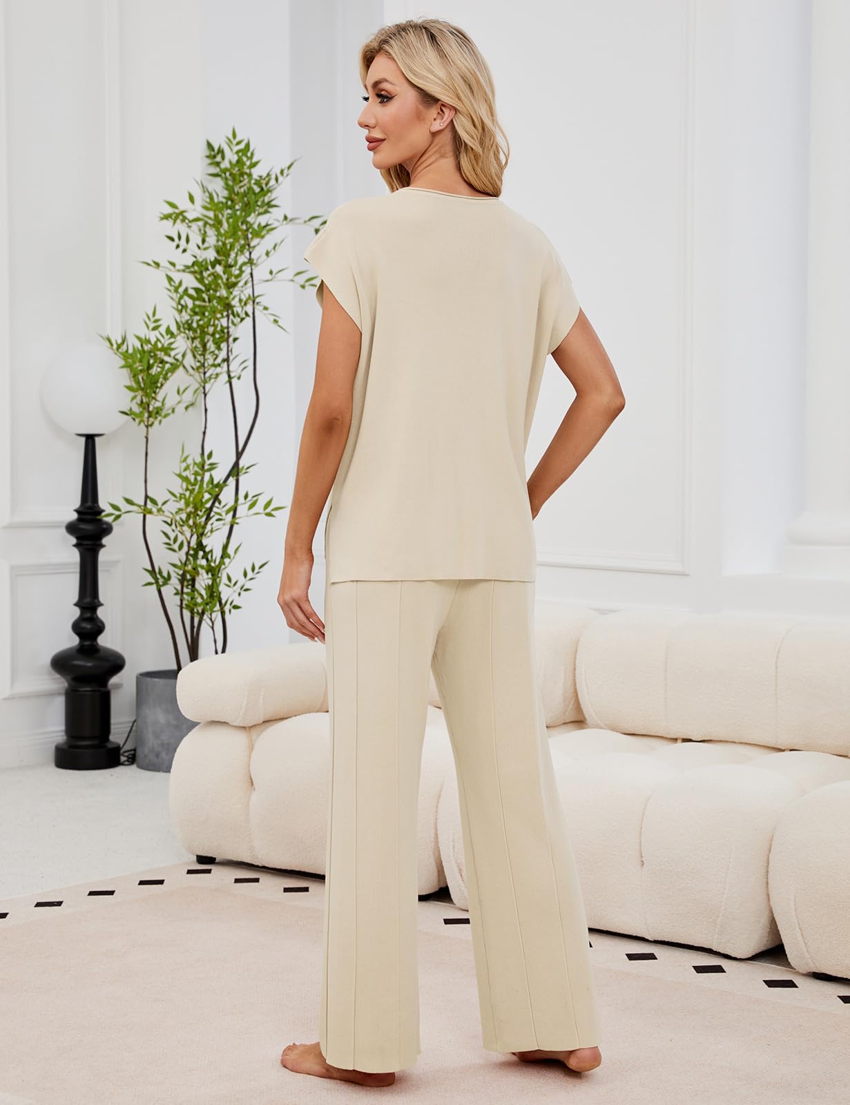UMIPUBO Conjuntos Punto Mujer Verano 2 Piezas Casual Chandal Manga Corta Camiseta de Manga Corta Y Pantalones con Bolsillos Cómodo Pijama Moda Chándal Color Sólido Primavera — view 7