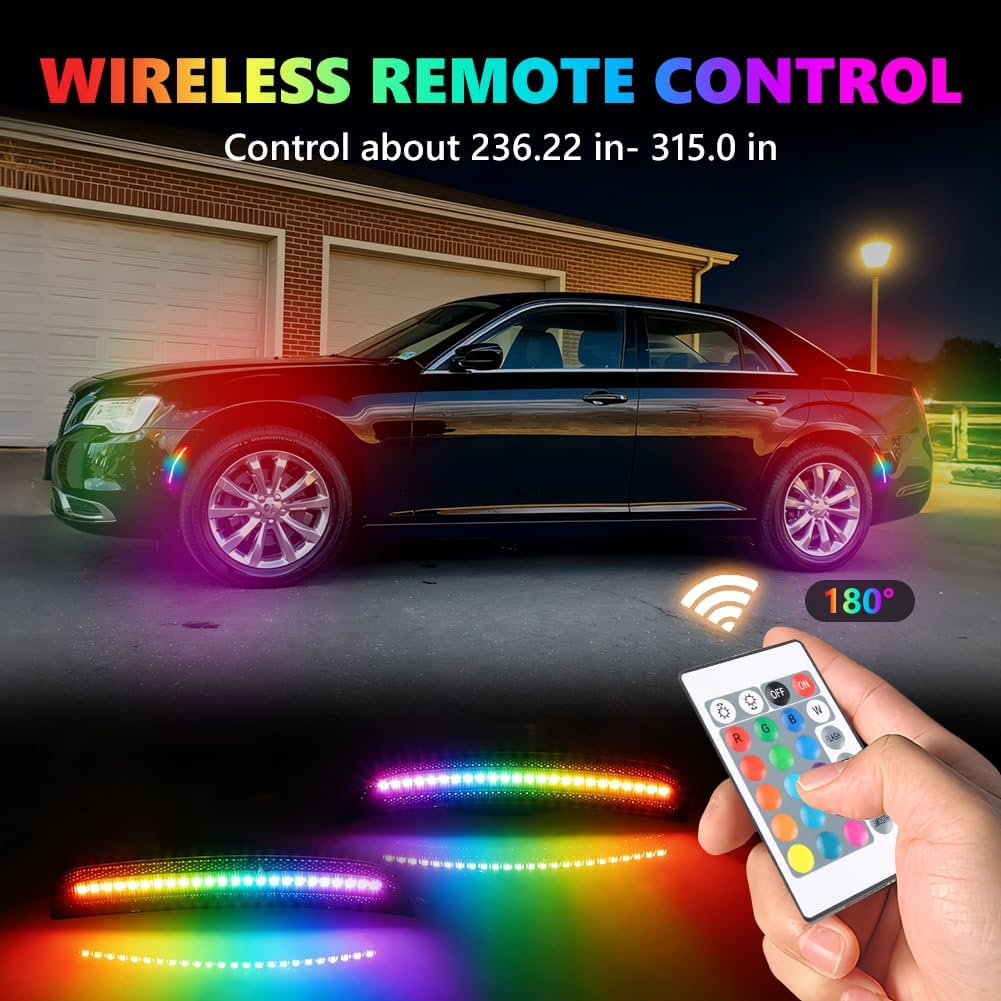 RGB Full LED Side Marker Lights Compatible with Chrysler 300 2015-2024, [4 Modes 16 Colors] Multi-Color RGB Marker Lamps, Front & Rear Smoked Lens Bumper Assembly with Remote Strobe, 4PCS
