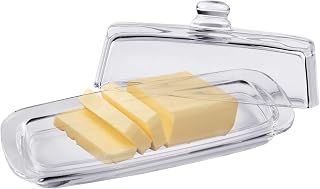 Bezrat Glass Butter Dish with Lid - Elegant Slim Tidy Cover with Handle - Crystal Clear Rectangular 2 Piece Design
