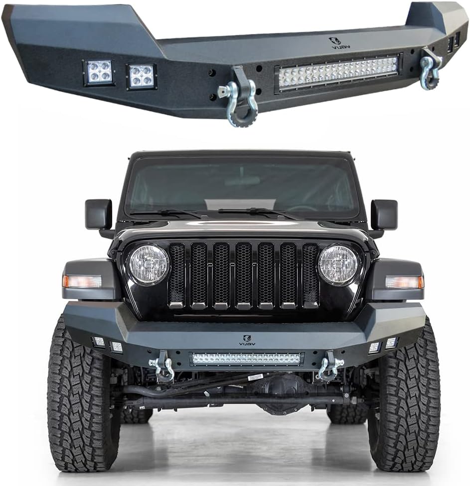 Ronghui Wrangler Full-Width Textured Black Front Bumper with LED Lights and D-Rings Compatible with 2007-2023 Wrangler JK/JL