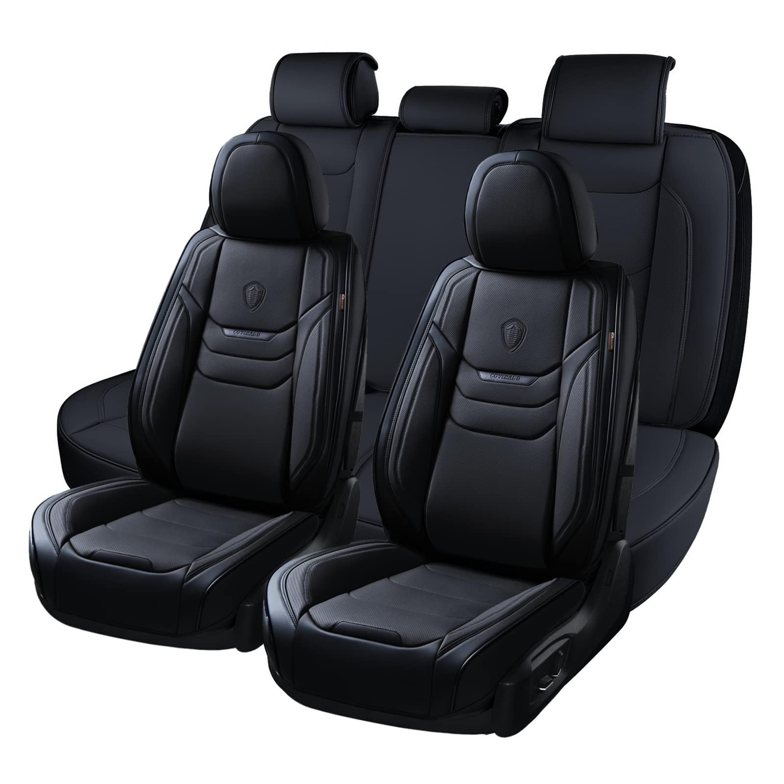 Coverado Coprisedili Auto Pelle per 5 Posti, Set Coprisedile Auto Universali Impermeabili on Grani in Rilievo, Completo Copri Sedile Auto Traspiranti per Berlina SUV Pickup Furgone, Nero