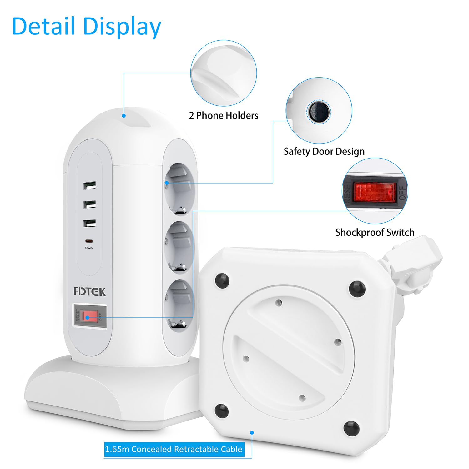 FDTEK Torre Regletas Enchufes 9 Tomas AC con 3 USB-A y 1 USB-C Regleta Vertical con Cable Retráctil 1,65 m, Ladron Enchufe Multiple con Interruptor y Protección Sobrecargas para Oficia Casa, 2500W/10A