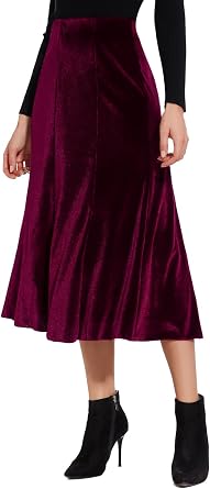 Womens Elegant Vintage Velvet Midi Skirt Flowy 8-Panel Design