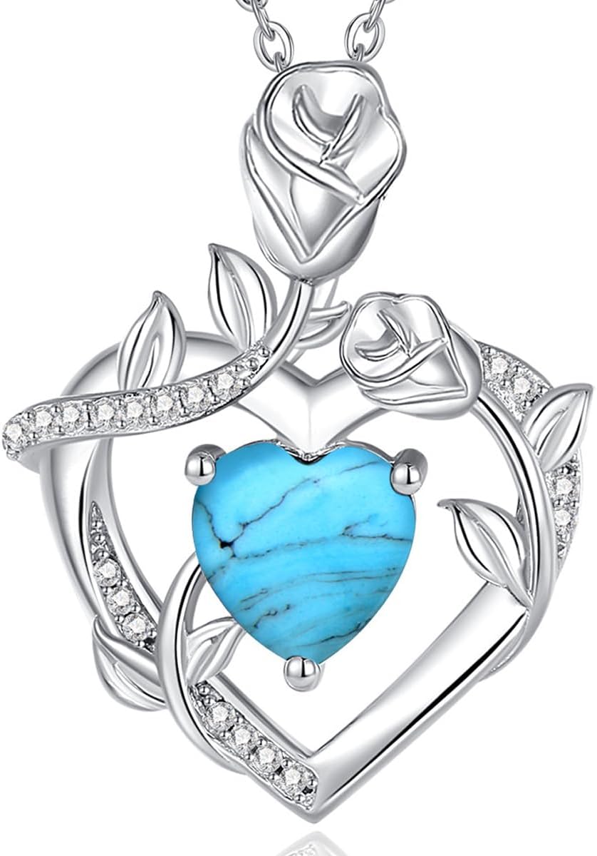 AGVANA Valentines Day Gifts Rose Birthstone Necklace for Women Sterling Silver Rose Flower Heart Necklace Fine Jewelry Anniversary Birthday Gifts for Women Wife Mom Her, Length: 18"+2"