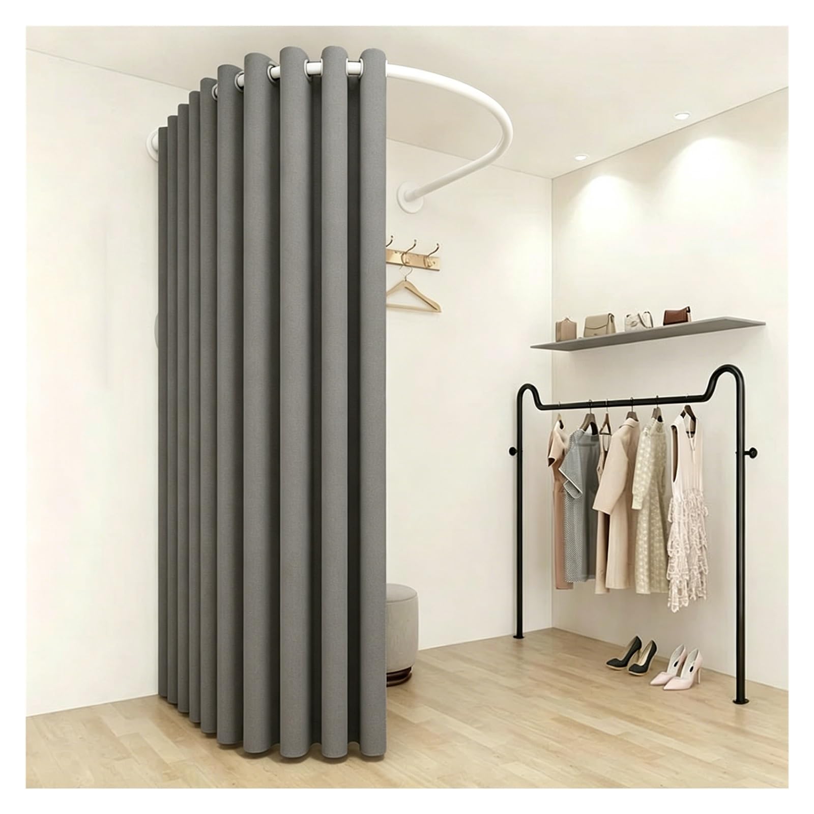 ZJKXJH Boutique Fitting Room Partition Curtain Rod, Wall Mount U Shaped Heavy Duty Curved Rail for Clothing Store, Privacy Partition Curtain Rod(With C Curtains,White Rod 140cm/55.1in)