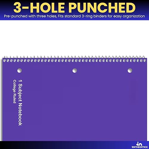 Miniatura 4 de 1InTheOffice Cuaderno de espiral de 1 materia, cuaderno espiral con rayas universitarias, 8 x 10.5 pulgadas, colores surtidos, 70 hojas, 6 unidades