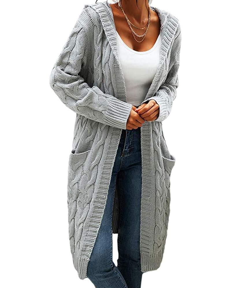 GeGekoko Strickjacke Damen mit Kapuze Langarm Grobstrick-Cardigan Open Front Sweater Herbst Winter Casual Strickcardigan Pullover mit Taschen