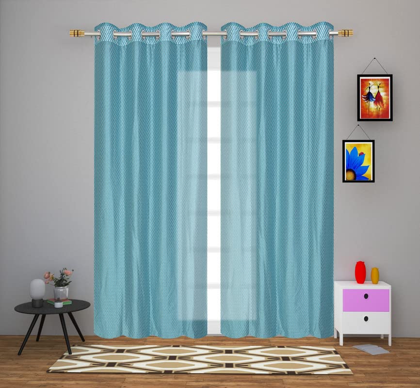 Image of Exporthub Set of 2 Piece Fancy Sparkling Zig Zag Design Aqua Blue Color Heavy Quality Sheer Strip Semi-Transparent Net Curtains - Window - 5 feet Long Living Room and Bedroom (EHSPR269 54)