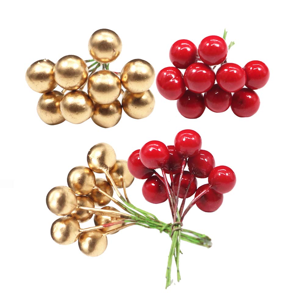 Homo Trends Christmas Decorations 200PCS Christmas Artificial Berries Holly Berries for Christmas Wreath Decorations, Christmas Craft Supplies (Gold, Red)