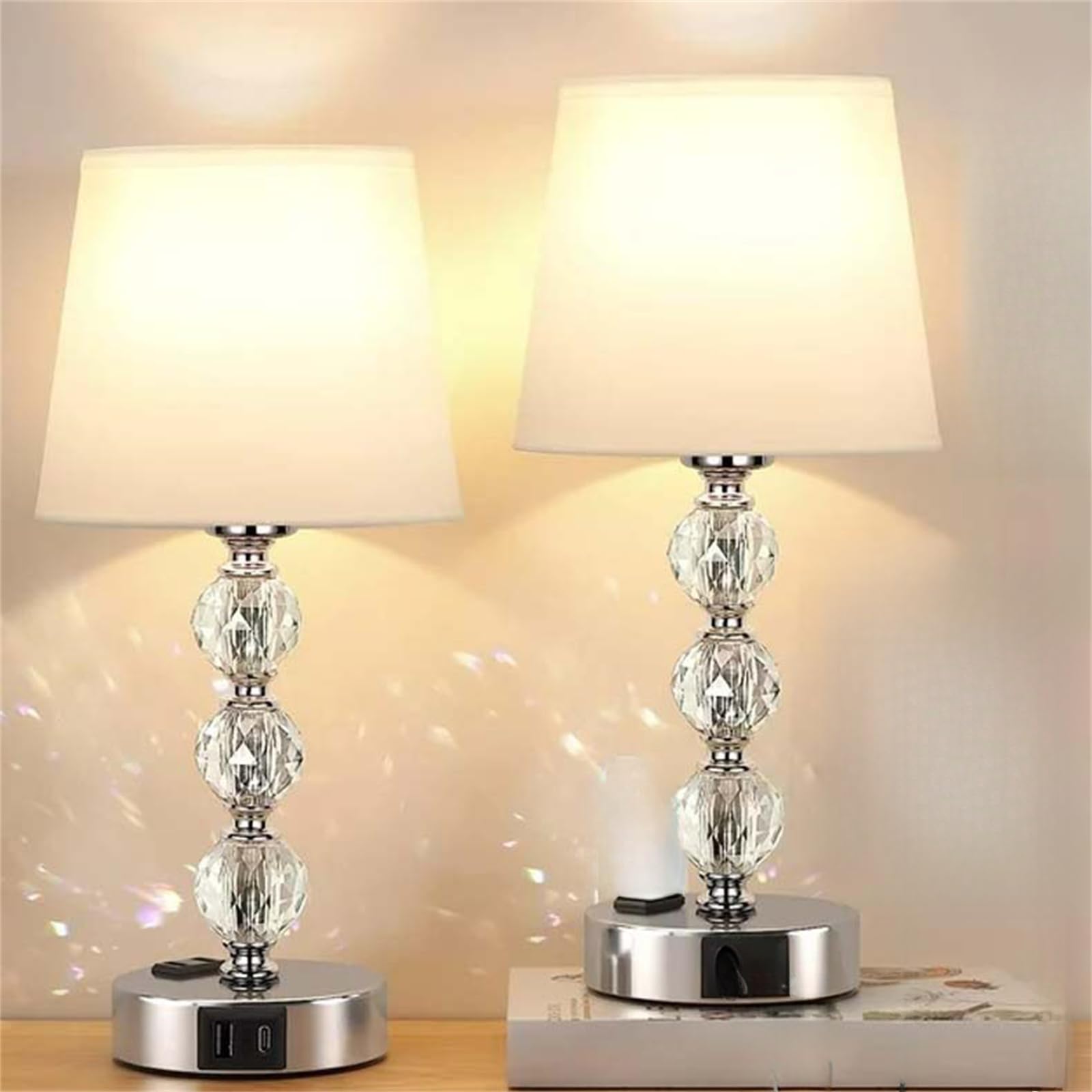 Lámparas de Mesita Regulable Táctil 3 Vías con Bombilla Lámpara de Mesa con Puerto de Carga USB A+C & Toma CA Lámpara de Noche Cristal con Pantalla Blanca Lámpara de Escritorio para Salón (A,2 Piezas)