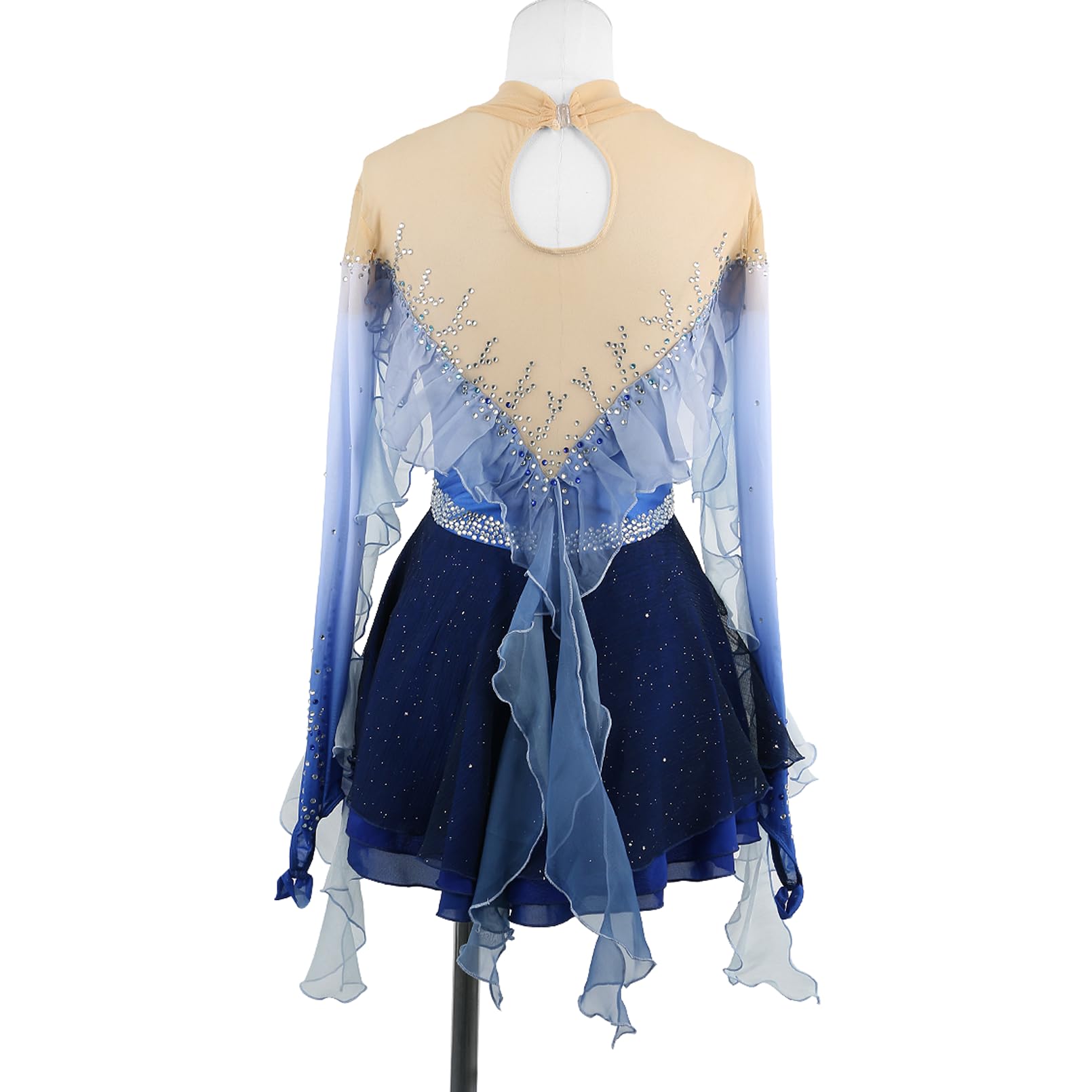 Vestido Patinaje Artistico Niña, Maillot Azul Cinta Manga Larga Mujer de Lentejuelas Rhinestone, Vestido De Baile Lírico Maillot