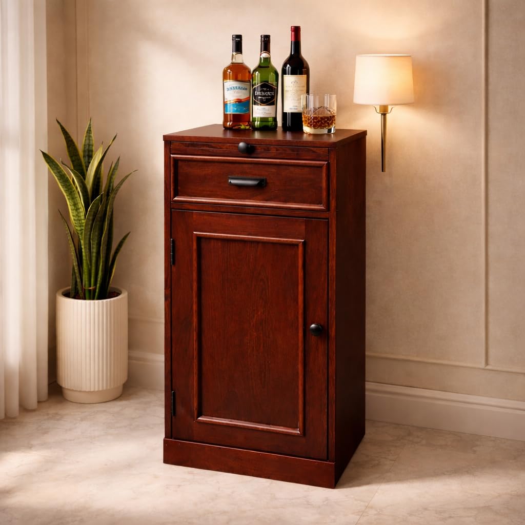 UNITEK FURNITURE Multipurpose Solid Sheesham Wood Bar Cabinet Rack with Glass Storage Wooden Mini Bar Counter Stand for Home Office Living Room - (Brown Finish)-image-21