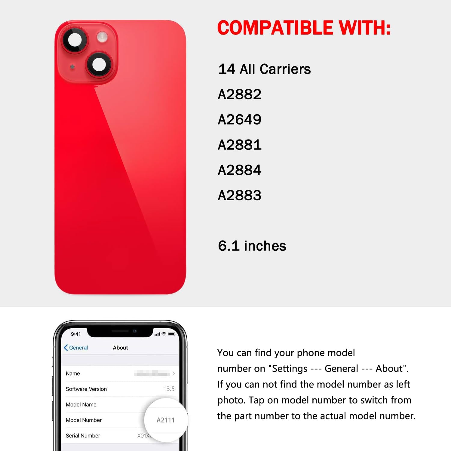 Back Rear Glass Cover Replacement Compatible with iPhone 14 6.1-Inches All Carriers +Pre-Installed Plate +Wireless Charging Coil Flex Cable +Flashlight +Microphone +Camera Frame +Tools (Red)