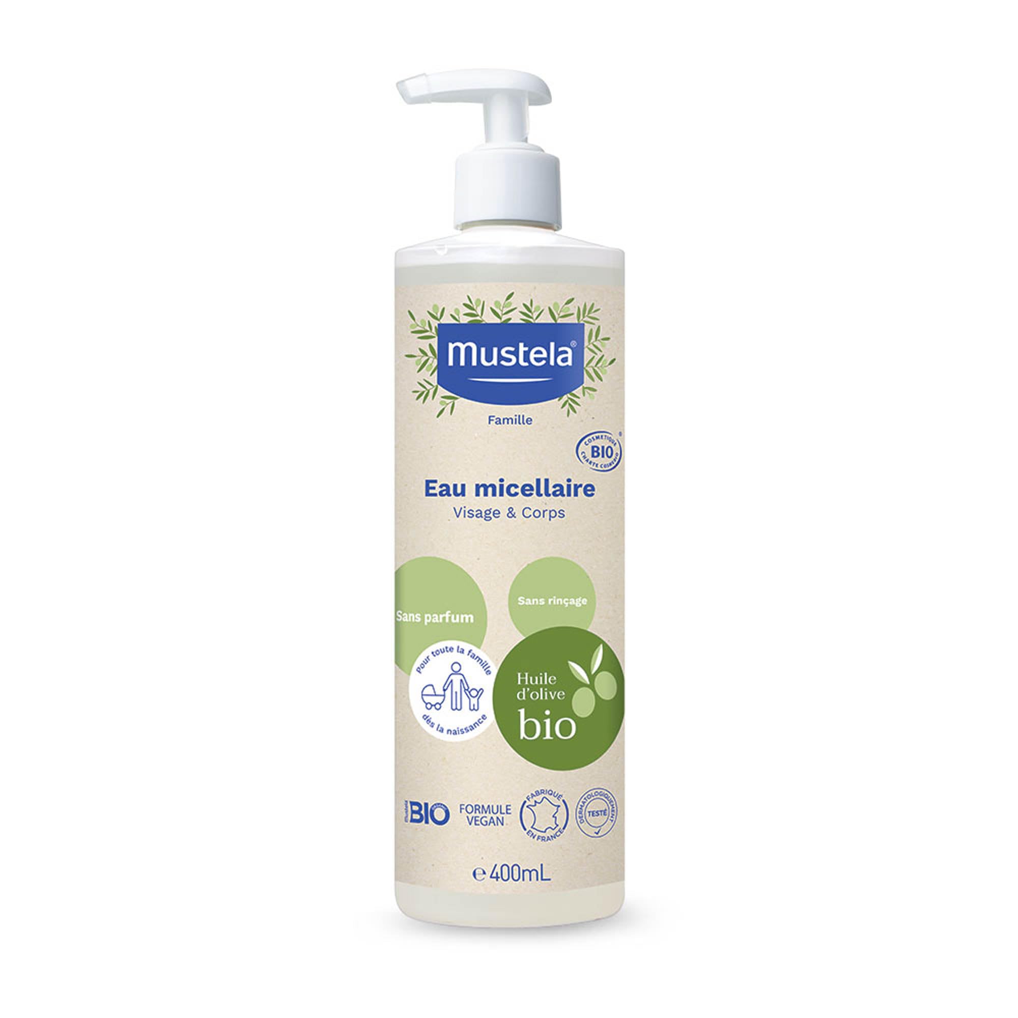 Mustela Acqua Micellare Bio, Olio di Oliva e Aloe Vera, Viso, Cambio Pannolino, Make Up, Neonati, Tutta la Famiglia - Detersione Delicata Senza Risciacquo, 99% Ingredienti di Origine Naturale (400ml)