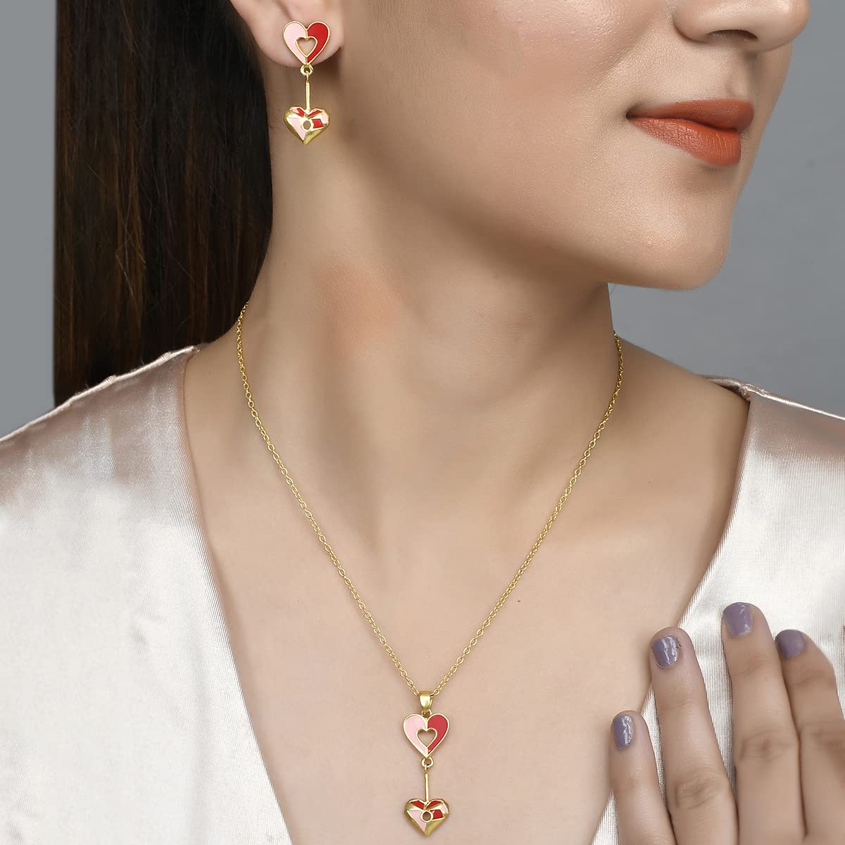 Enamelled Hearts Pendant Set