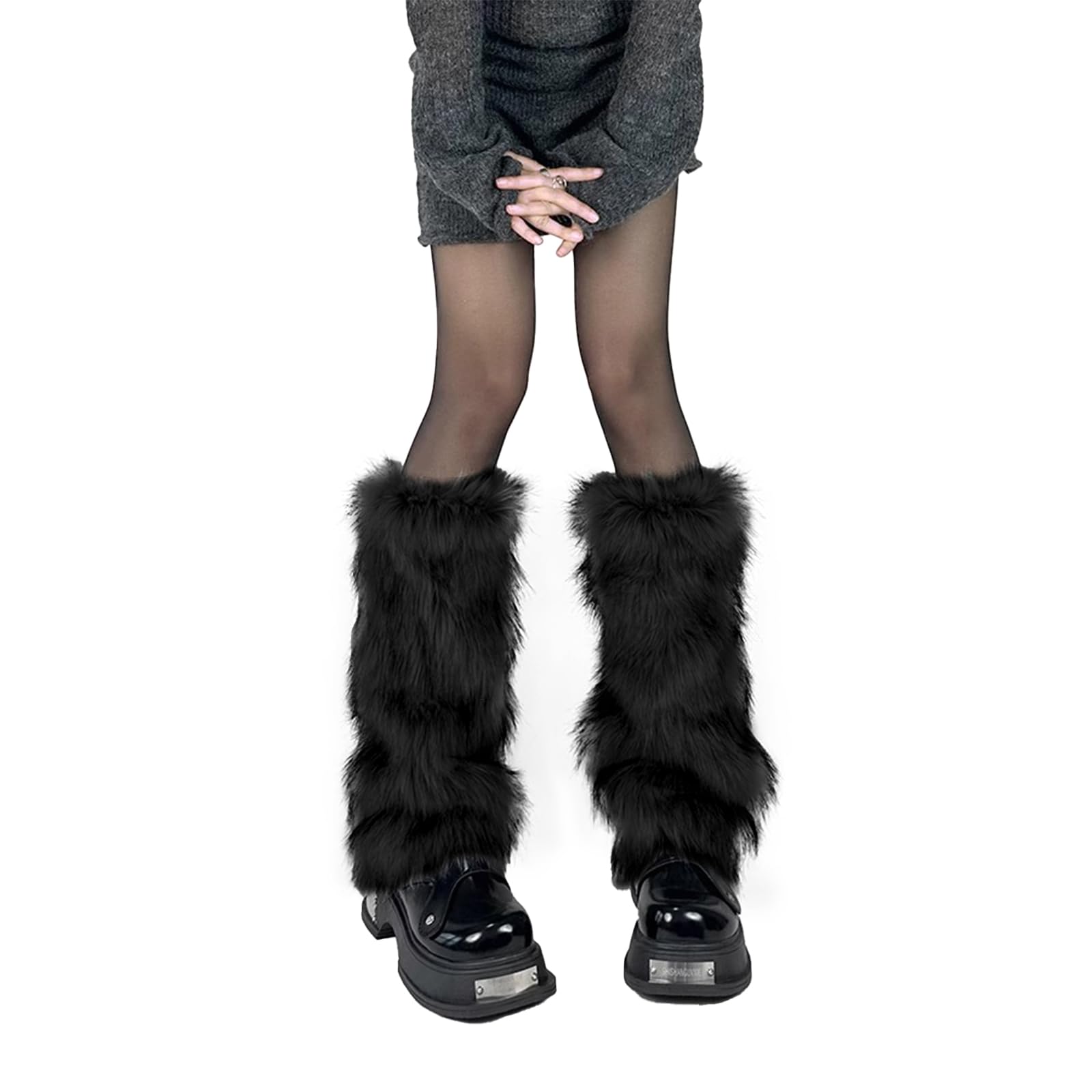 Sgqtzdzq Women's Black 40Cm Fur Leg Warmers For Furry Leg Warmers Leg Warmers，Fashion Furry Boots Leg Warmers 80S Leg Warmers Y2k (1, One Size)