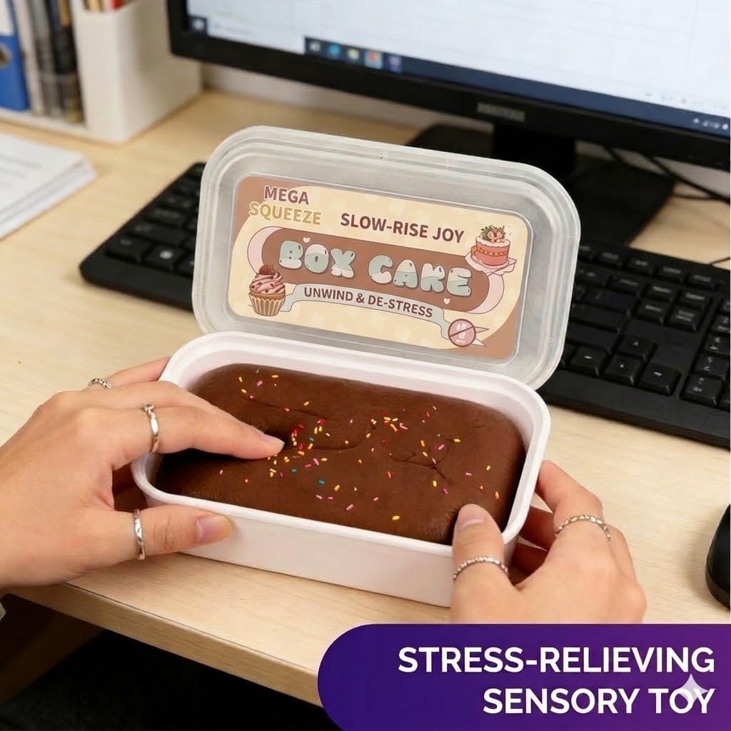 Realistic Faux Box Cake Stress Relief Tool for Adults Sticky Tactile Dough Fidget for Office Desk Focus Anxiety Management Slow Rising Sensory Squeeze for Adults (Chocolate)