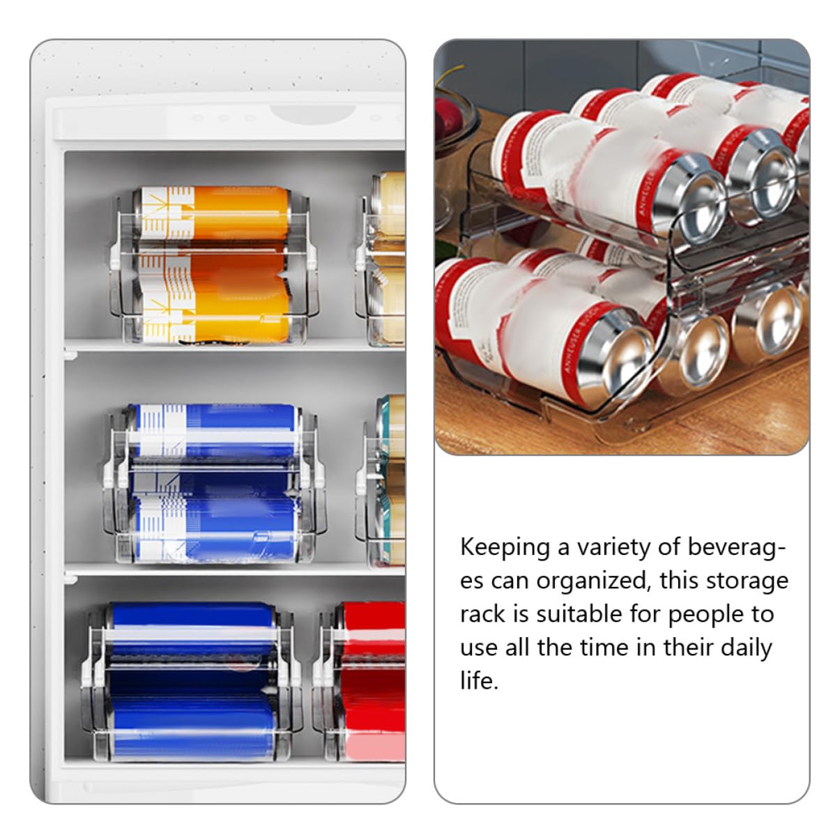 Organizador de Bebidas de Doble Capa para Refrigerador Diseño Apilable y Dispensador Automático de Latas de Plástico para Cocina y Tienda