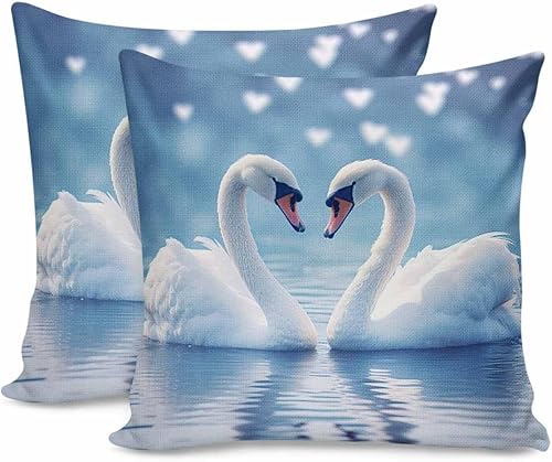 Juego de 2 fundas de almohada decorativas de 18 x 18 pulgadas, fundas de cojín cuadradas de algodón para el día de San Valentín, diseño de cisne