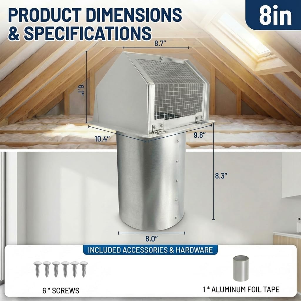 8 Inch Vent Covers for Wall, Galvanized Steel Dryer Vent Cover Outside with Screen, Dryer Vent Wall Plate for Dryer Exhaust Vent, External Extractor for House Ventilation&Outside Air Exhaust