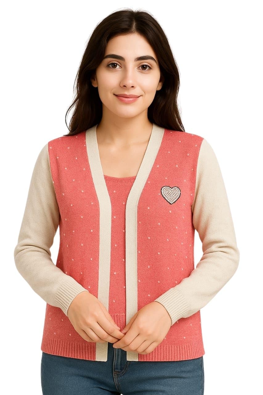 Knitted Cotton Open Shrug with Pearls and Heart Patch, Embellished for Girls/Ladies/Women Office Wear, Casual Wear-image-29
