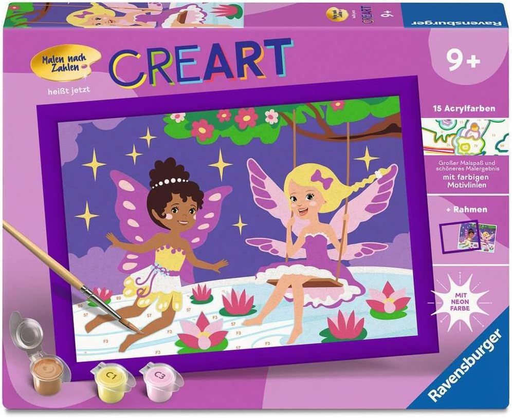 Ravensburger CreArt, Malen nach Zahlen Kinder - Feen-Freundinnen: Mit Neon-Pinker Acrylfarbe!