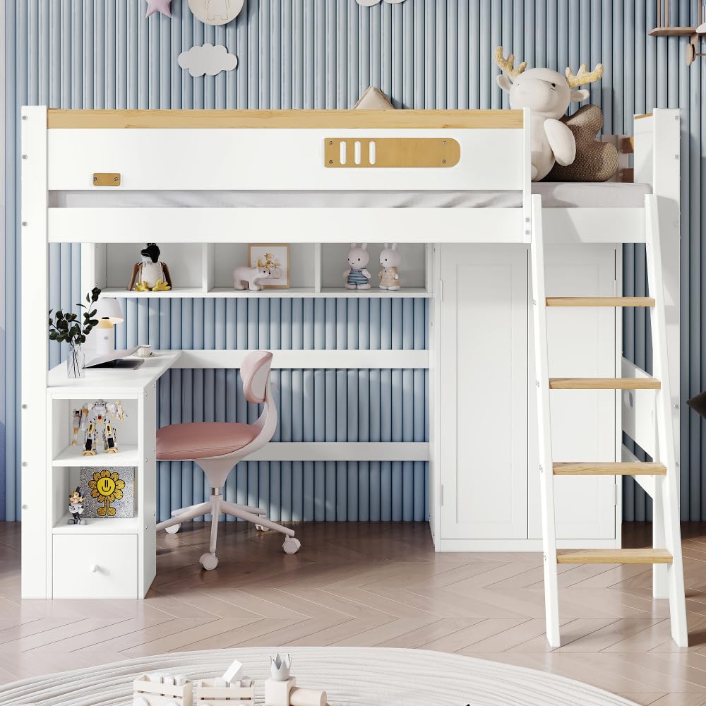 Litera para niños con rejilla anticaídas, estante de armario y escalera para habitación infantil