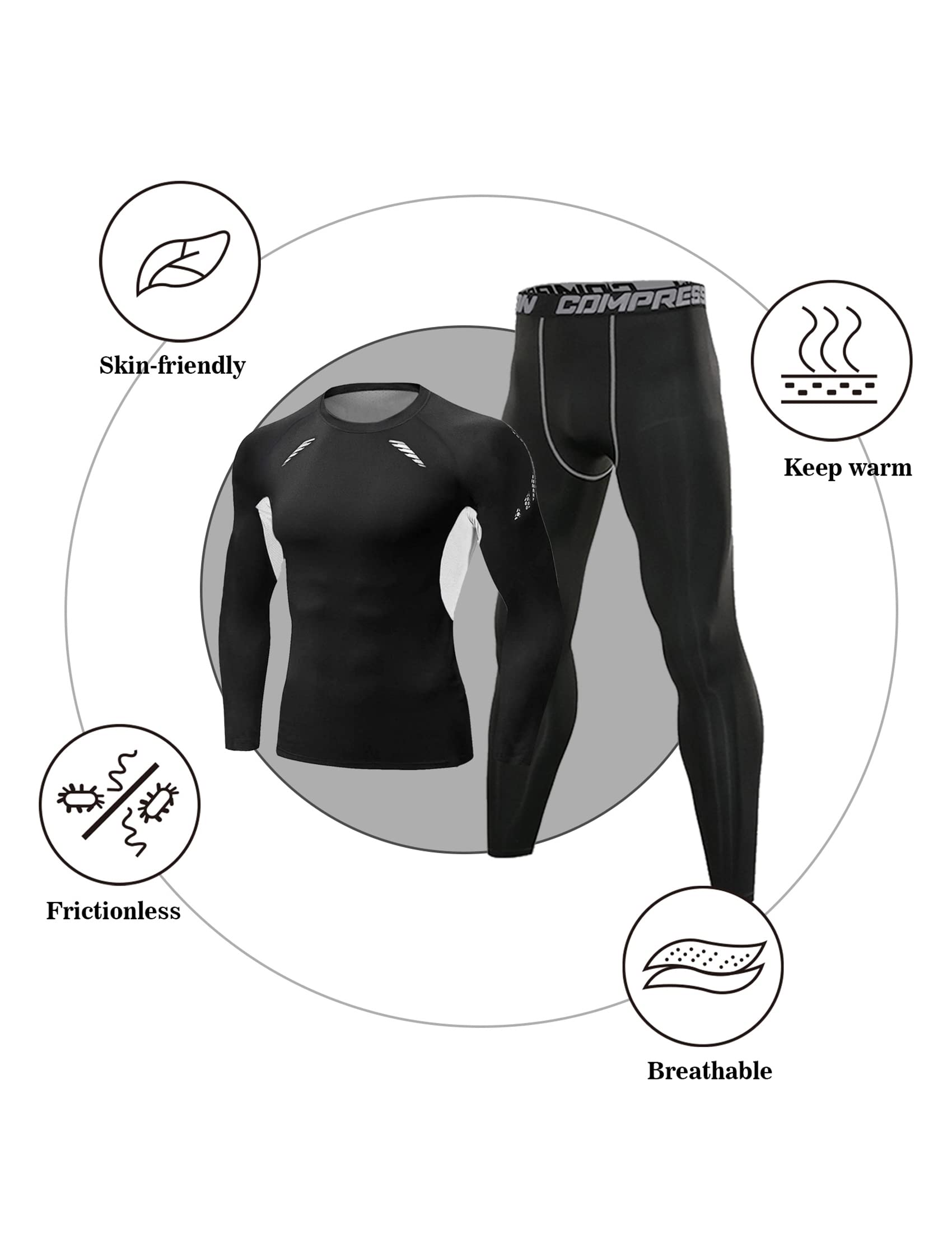 Terecey Ensemble de sous-Vêtement Thermique Homme Fonctionnels Ensemble Sport Base Layers Homme Respirant sous Vêtements Thermiques Homme Séchage Rapide