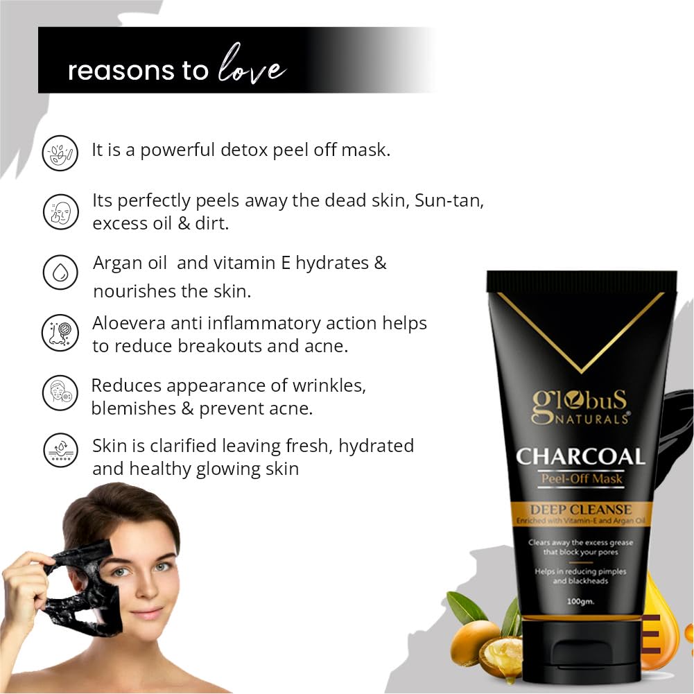 Globus Naturals Activated Charcoal Peel Off Mask Enriched with Vitamin-E and Argan Oil 100 gm 1