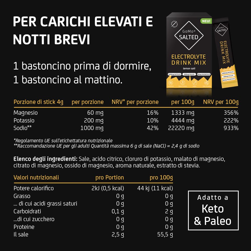 GoMo SALTED Hydration Aid | Elettroliti senza zucchero | migliore assorbimento dell'acqua e idratazione rapida | 30 porzioni singole di polvere elettrolitica con sale alpino svizzero | Gusto Limone