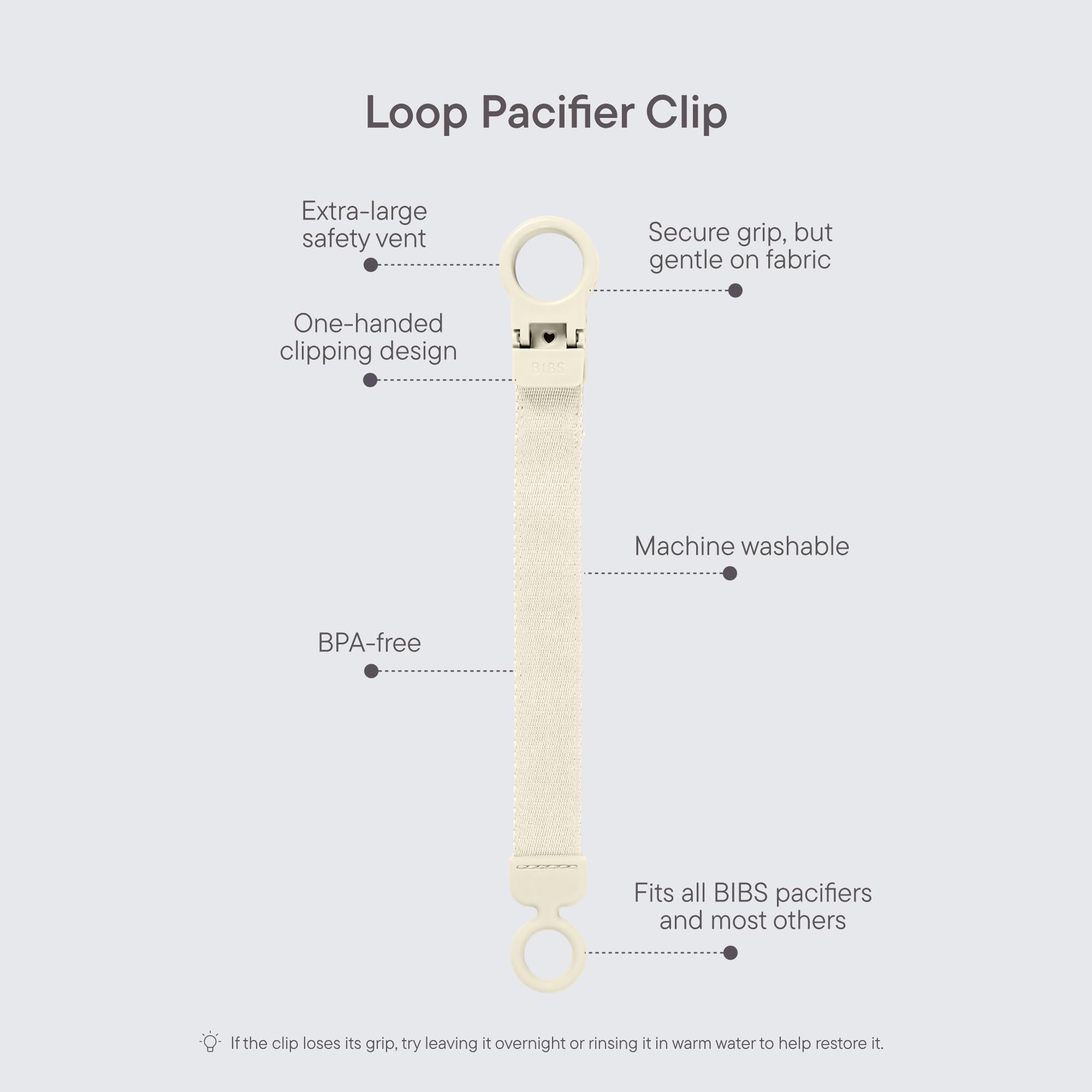Clip per ciuccio BIBS Loop - Elegante e sicuro, utilizzabile con una sola mano, si adatta a tutti i BIBS e alla maggior parte delle marche, lavabile in lavatrice, età 0+ - Blush