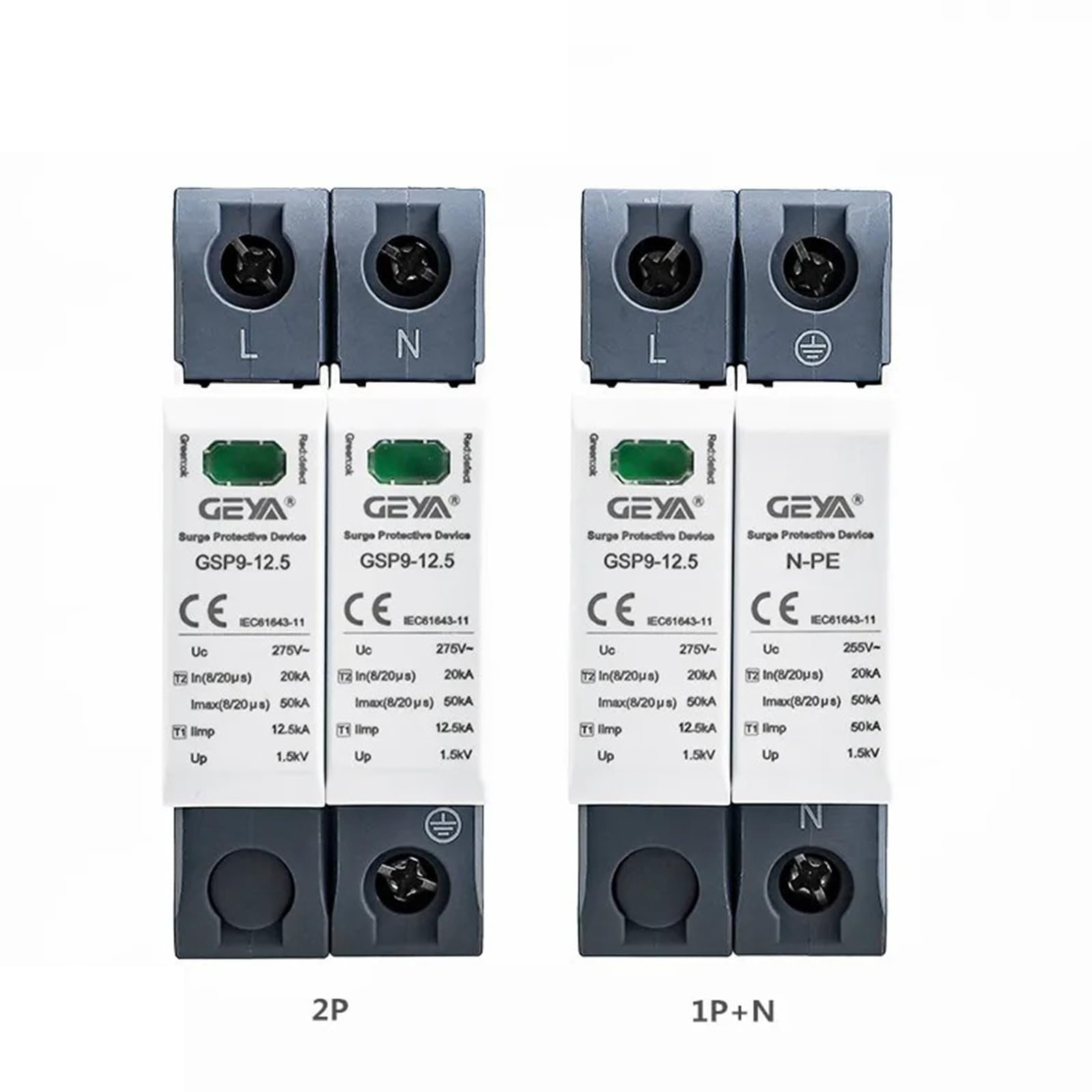 GEYA SPD Limitatore di Sovratensione Guida DIN Casa Protezione contro le sovratensioni 12.5KA T1+T2 Classe 50KA(2P,AC275V)