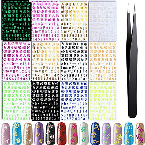 24 Sheets Holographic Letter Nail Art Sticker Old English Alphabet Nail Art Sticker 3D Nail Art Adhesive Decals with Tweezers for Women Girls Nail Salon Home DIY Nail Decoration, 12 Styles