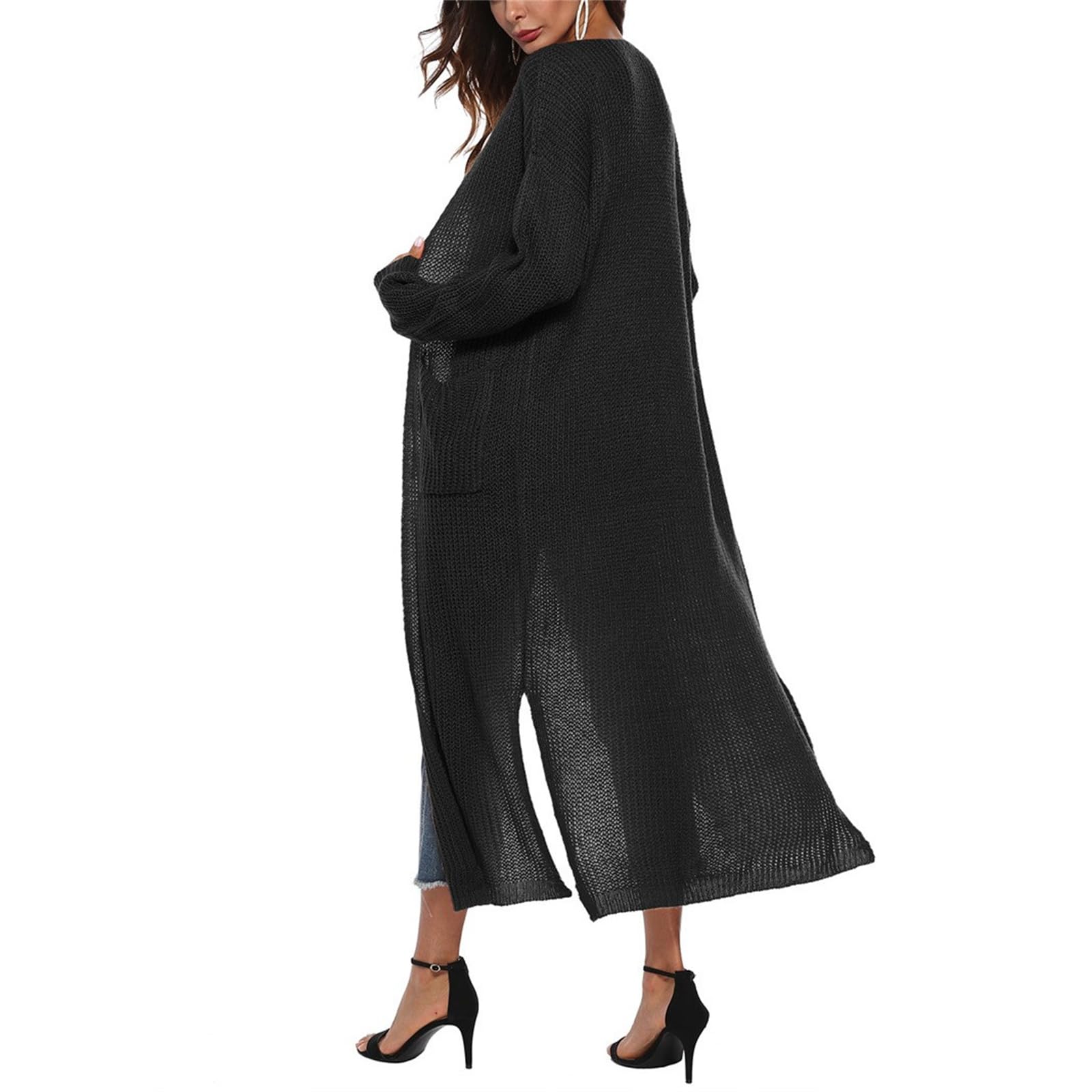 Gilet Long Femme Tricot Ouvert Avec Fentes Latérales Et Poches