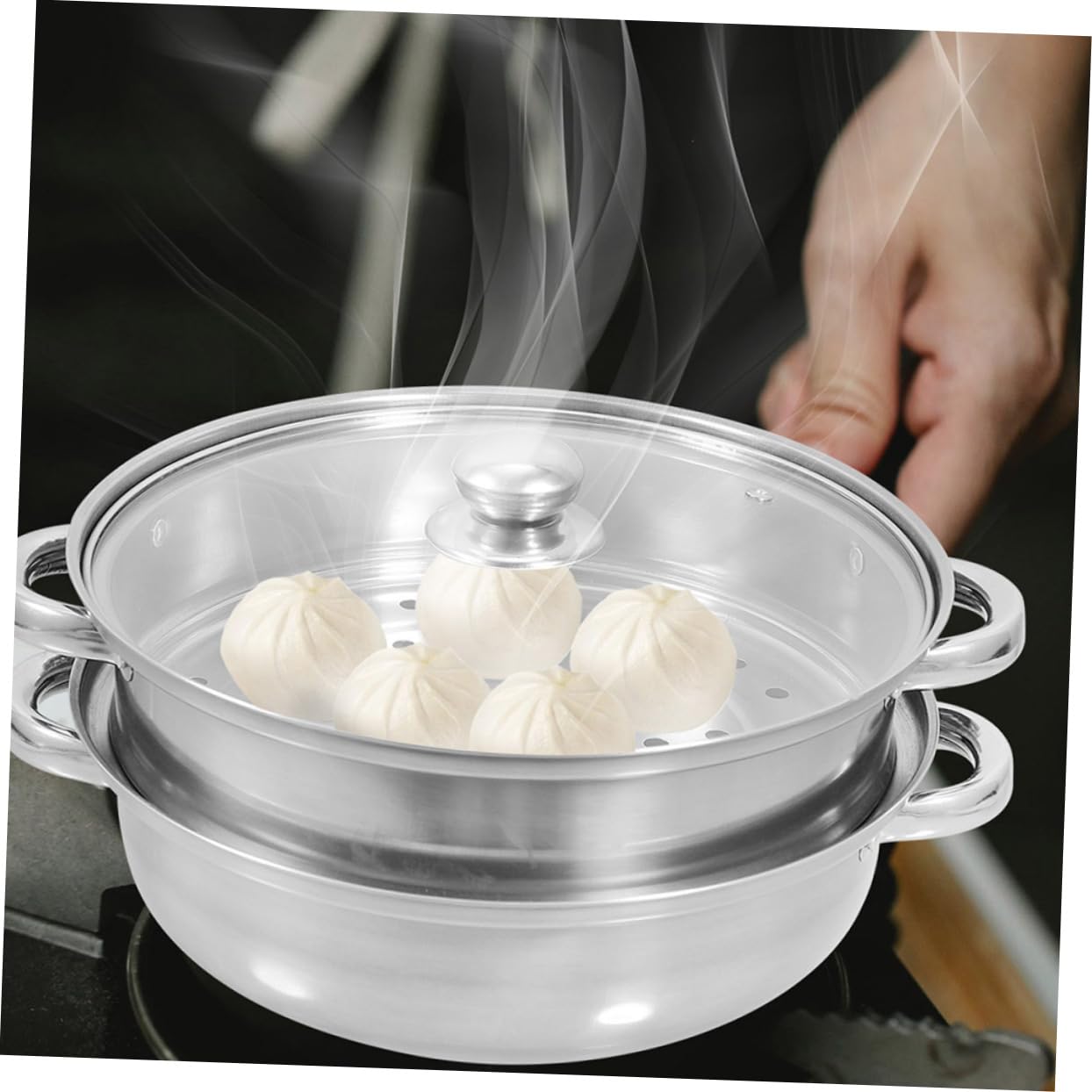 Vaporera de Acero Inoxidable Doble Capa, Olla de Vapor para Cocina 4 Asas, 30 Cm de Capacidad