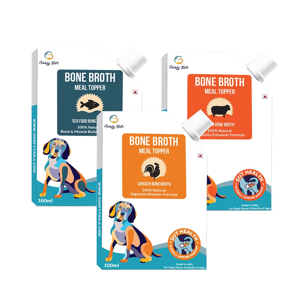 Goofy Tails Bone Broth for Dogs Variety Combo 300 ml (100 ml X 3 Pack), Chicken, Lamb, Sea Food, Human Grade, Preservative Free, 100% Natural Hydrating Liquid Dog Treats,All Life Stages (B0B3MQ3BX7) Amazon Price History, Amazon Price Tracker