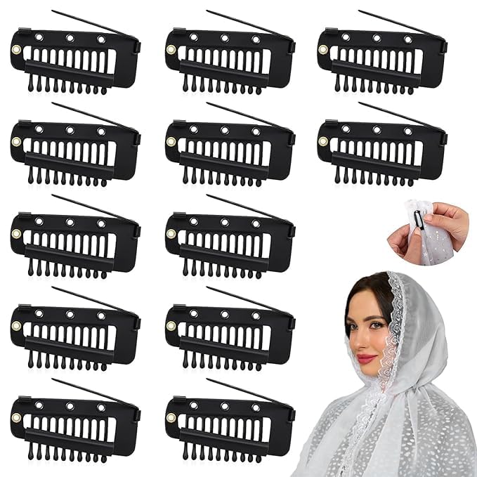 6 pcs Chunni Dupatta Clips with Safety Pin, 10-Teeth Strong Chunni Grip Hair Clip, Invisible Wig Clip, Setting Clips for Woman Hair Extensions (Black, Matel)