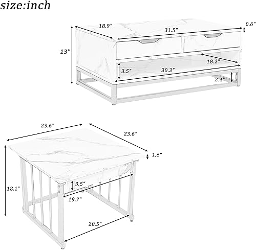 Miniatura 2 de Juego de 2 mesas de centro anidables, mesas anidables para sala de estar con 2 cajones y estante abierto, juego de mesa auxiliar dorada moderna con