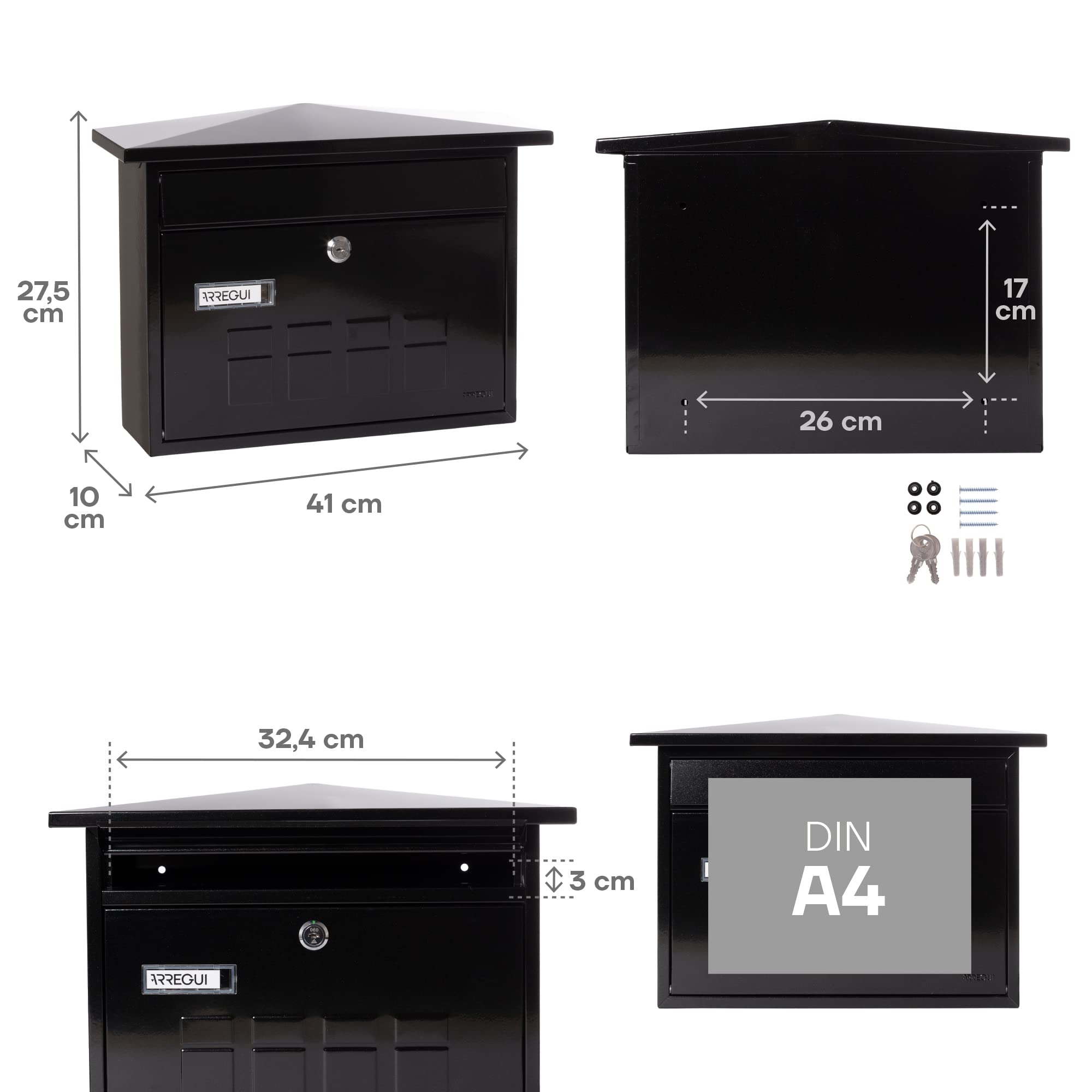 ARREGUI Deco E5704 Boîte aux Lettres Individuelle en Acier, Taille M (Courrier Format A4, Magazine), Boîte aux Lettres Murale au Fond Étroit, Anti-Pluie, Facile à Installer, Noir