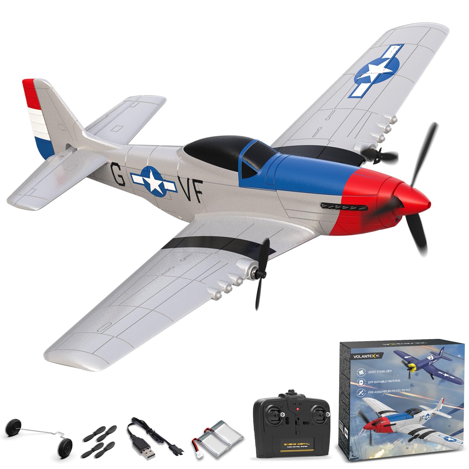 VOLANTEXRC RC Plane 3 Channel Remote Control Airplane Fighter Toys, 2.4GHz 6-axis Gyro Stabilizer RTF Glider Aircraft Plane, Easy to Fly for Adults Beginners (P-51D Mustang)