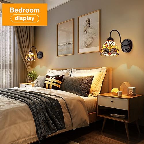 Miniatura 6 de Tiffany - Lámpara de pared para mesita de noche con interruptor regulable, aplique de pared de cuello de cisne vintage industrial con cable de