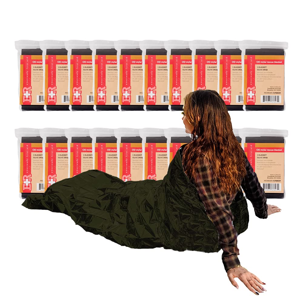 Ever Ready First Aid Mylar Rescue Blanket, Large Olive Thermal Sheet for Emergency and Survival, 54” x 84” – 20 Count