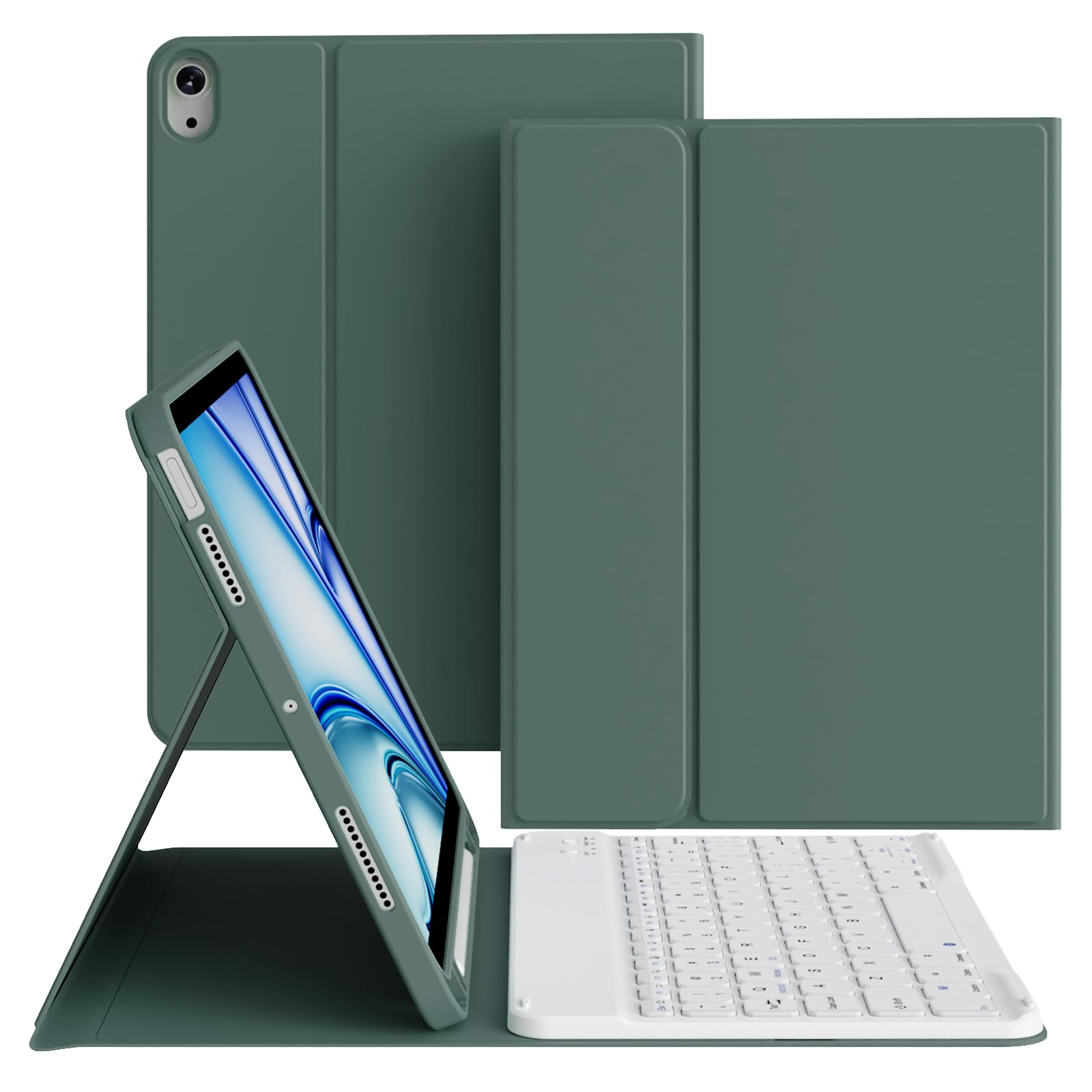 zoyu Hülle mit Tastatur für iPad Air 11 Zoll 2026/2025/2024, für iPad Air 10,9 2022/2020 5./4. Generation, Magnetische Abnehmbare Bluetooth-Tastatur, TPU- und PU-Stoßfeste Hülle, QWERTZ, Dunkelgrün