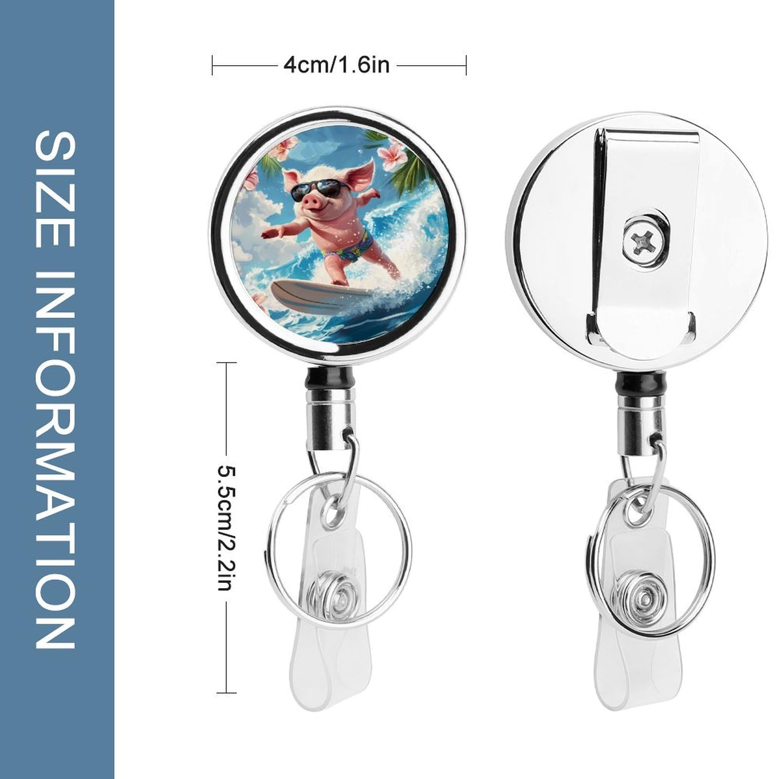 Pigs Surfing Retractable Badge Holder Metal ID Name Holder Key Ring with Belt Clip